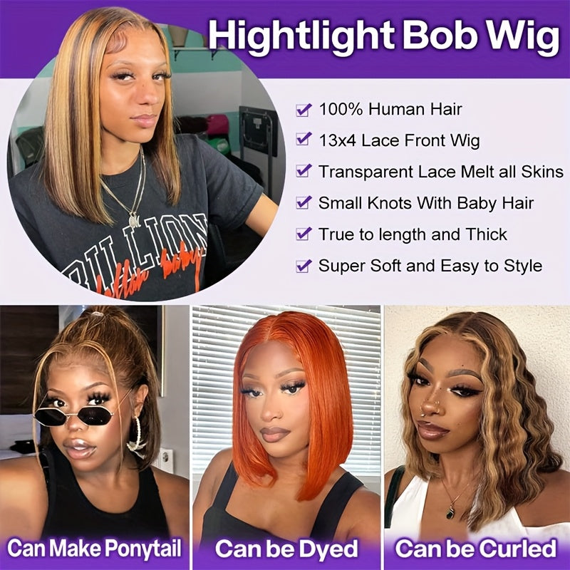 4/27 Highlight Ombre Straight Short Bob Lace Front Wig - 220% Density Human Hair with HD Transparent Lace Closure & Pre-Plucked Baby Hair, Honey Blonde to Dark Brown Gradient - Elegant Style for Women, Perfect for Parties, We